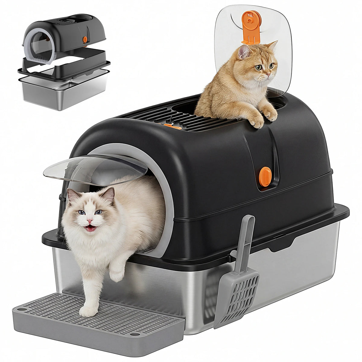 24IN Stainless Steel Cat Litter Box with Fully Enclosed 30L Large Cat Litter Box for Big Cats Cat Box Scoop and Mat Included