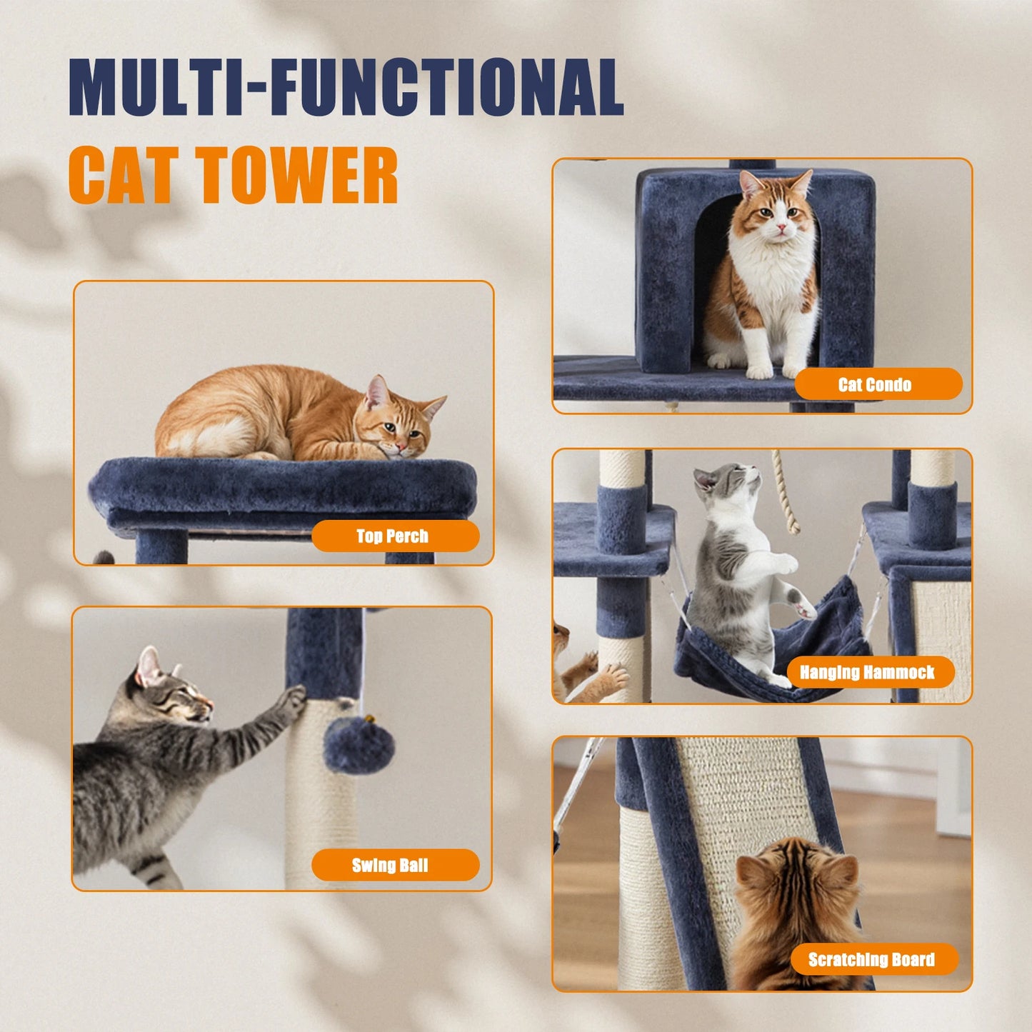 63In Cat Tree Tall Multi-Cat Climbing Tower for Pet Furniture Natural Sisal Scratching Posts Stable Pet House for Indoor Cat