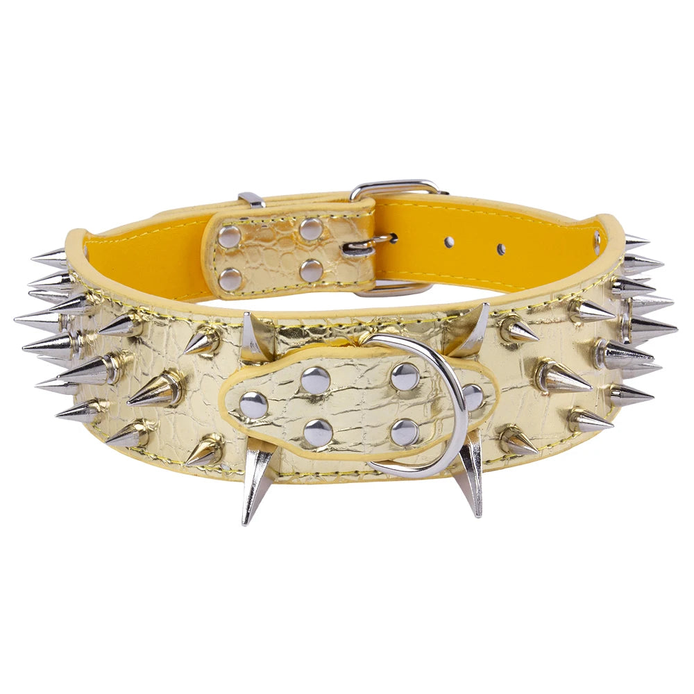 Width 2 Inch Anti-bite Spiked Dog Collars Adjustable PU Leather Necklace Heavy Duty Sharp Rivets Pet Collar Outdoor Dog Walking