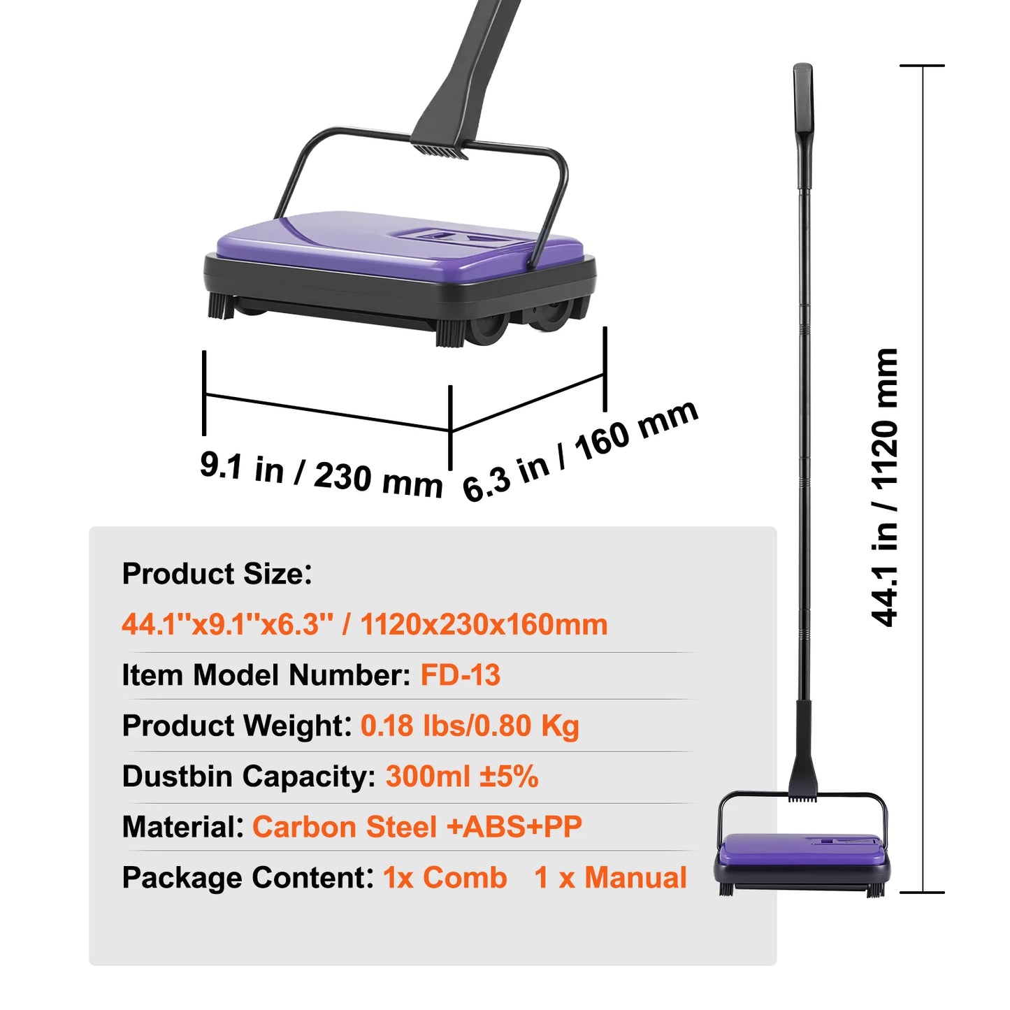 Carpet Sweeper Manual Floor Sweeper w/ 300ml Dustbin Capacity 6.7in Cleaning Width for Home Office Carpet Pet Hair Dust