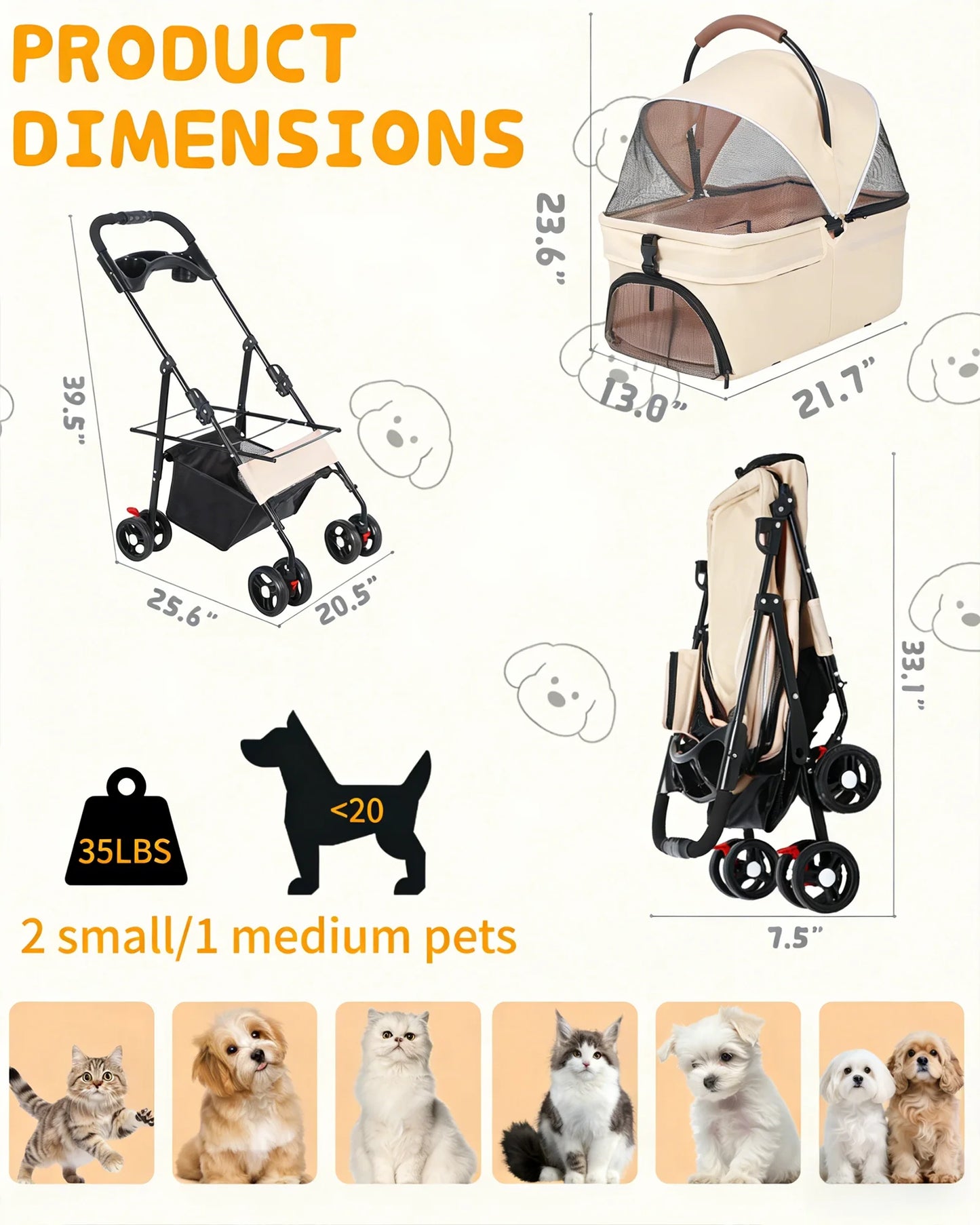 2-in-1Pet Stroller for Small Dogs Cats Foldable Lightweight 4 Wheel Dog Stroller with Removable Carrier Travel Portable Pet Cart