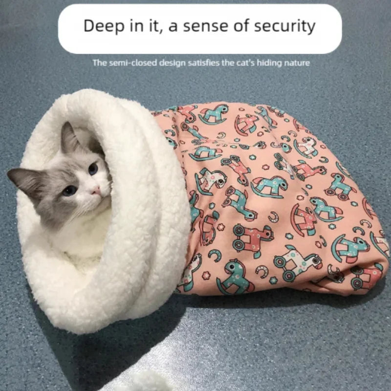 Soft Cuddly Cat Sleeping Bag Fluffy Feel Thickened Pet Pocket Quilt Bed Warm Nest for Kitten Puppy Comfortable Warmth