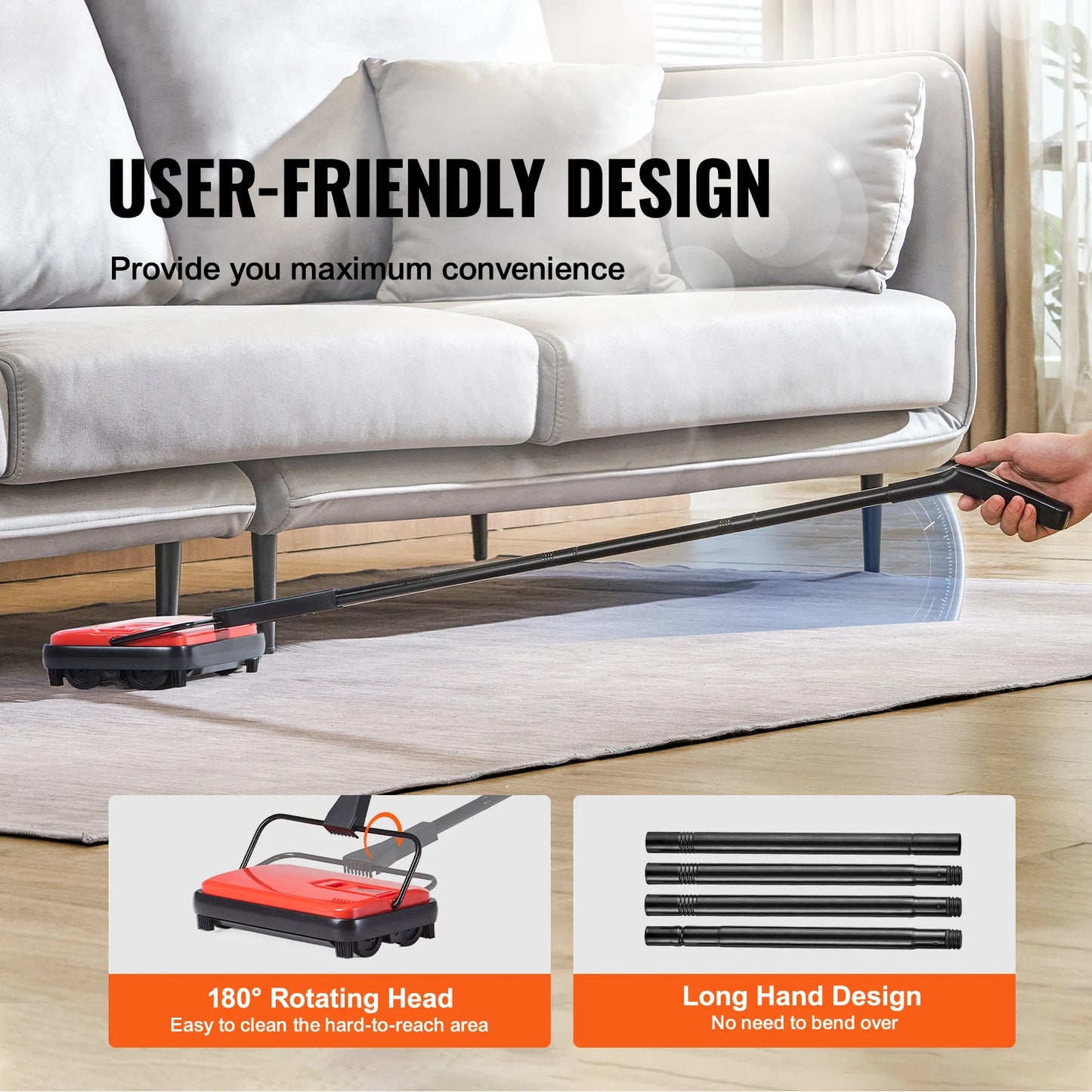 Carpet Sweeper Manual Floor Sweeper w/ 300ml Dustbin Capacity 6.7 in Cleaning Width for Home Office Carpets Pet Hair Dust