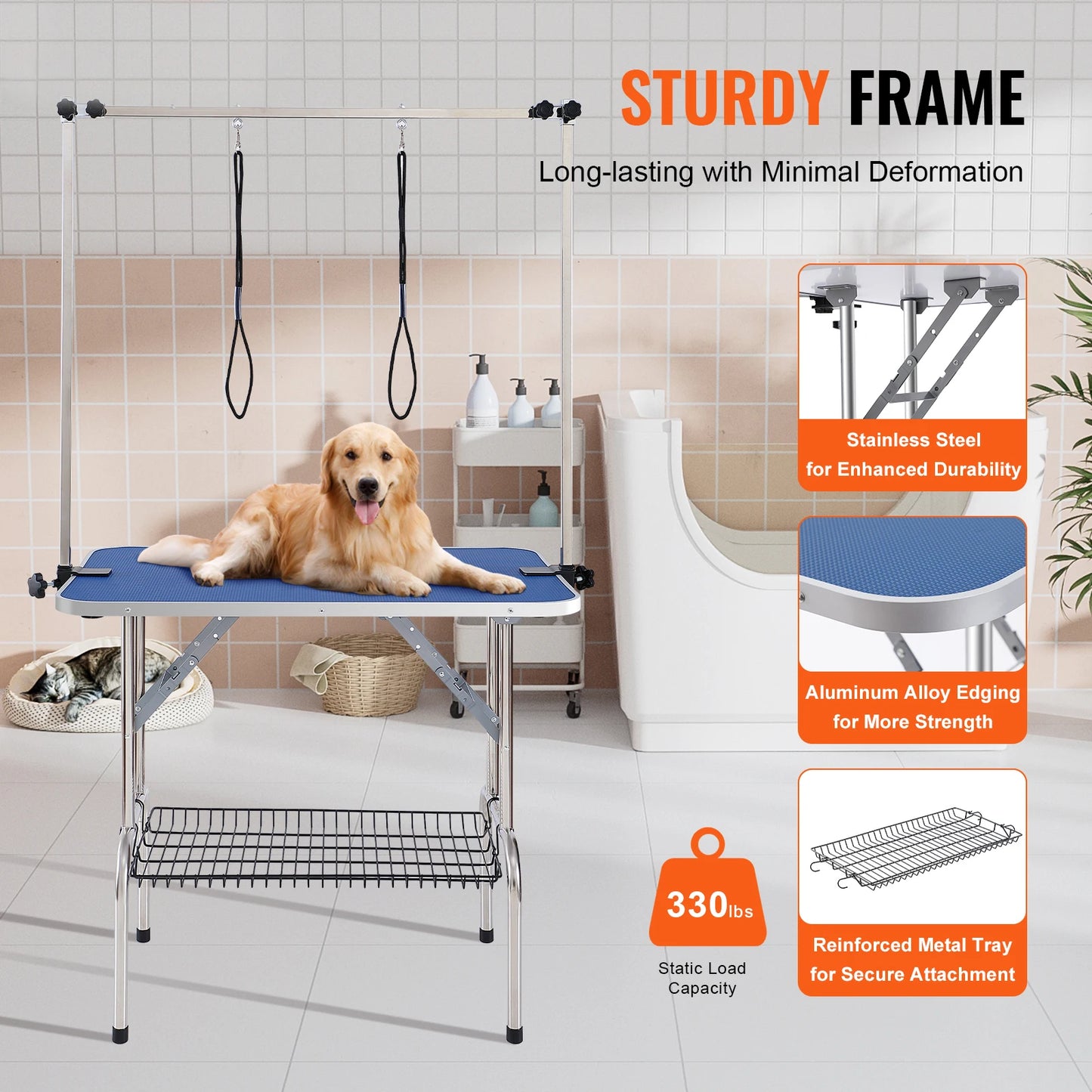 Pet Grooming Table Two Arms w/ Clamp Dog Grooming Station Foldable Pets Stand for Medium Small Dogs with Grooming Loop