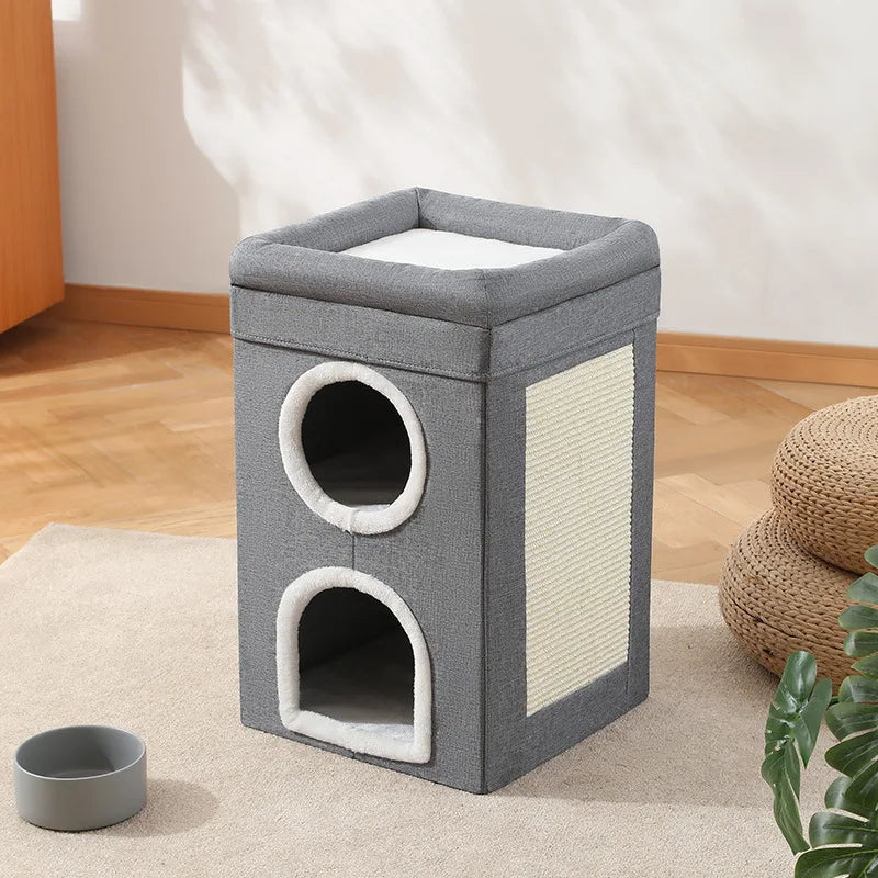 Semi-Enclosed Foldable Double-Door Triple-Layer Cat House with Multi-Functional Double-Sided Scratching Board for Cats