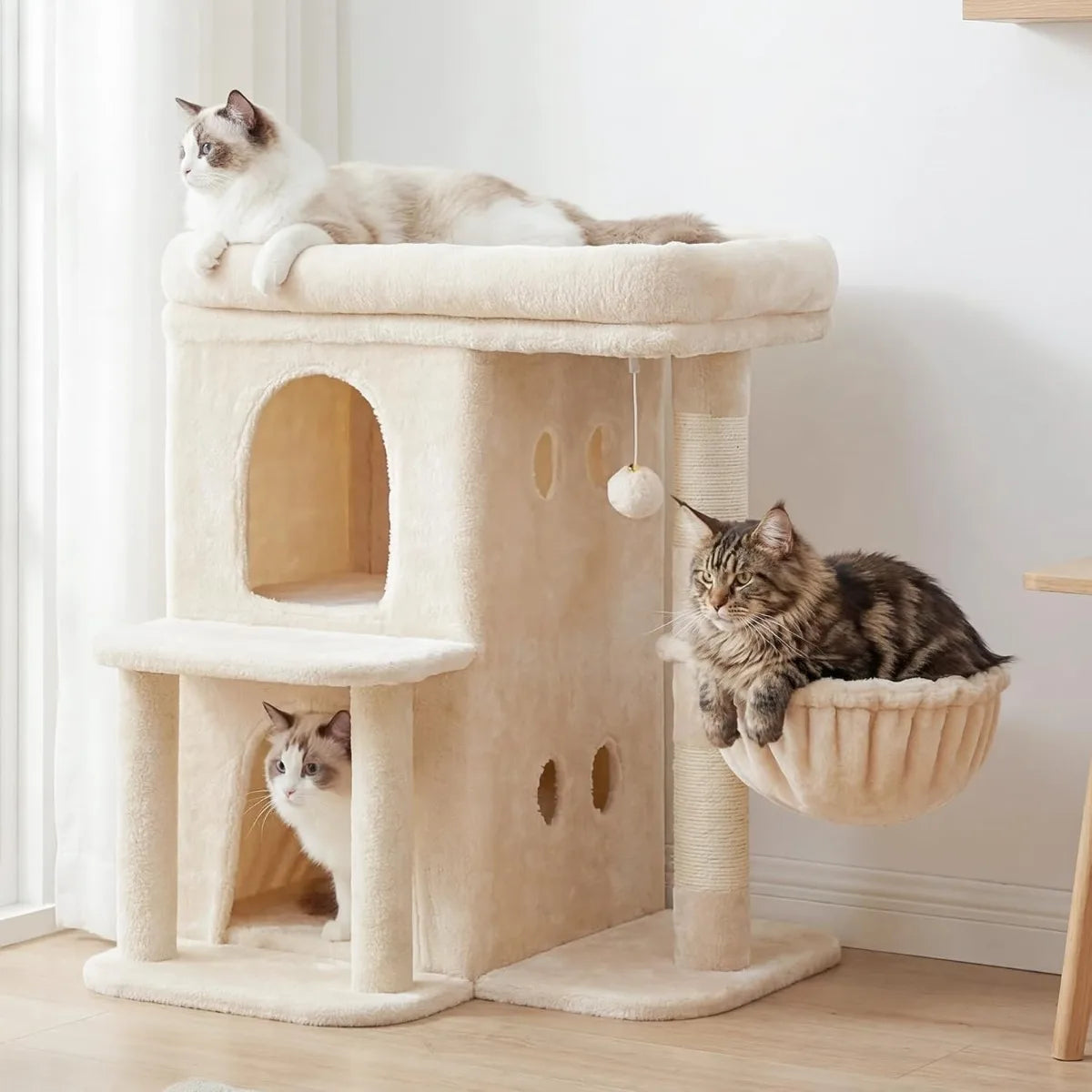 25.6 inch tall cat tower with large perch dual condos sisal posts cozy basket and dangling toy for big cats