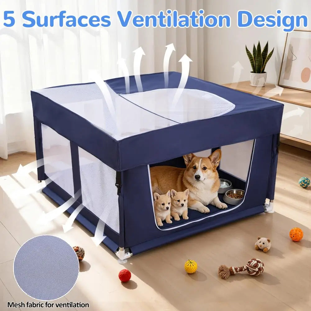 Foldable Dog Playpen with Top Cover,Indoor Outdoor Puppy Fence with Sturdy Steel Frame&Oxford Cloth,Pet Playpen with Mesh Cover