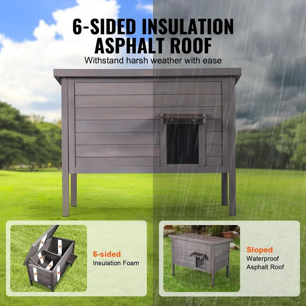 All-Weather Insulated Outdoor Wooden Cat House for Multiple Pets, Open Roof, PVC Door Flaps, 34L x 22W x 27H