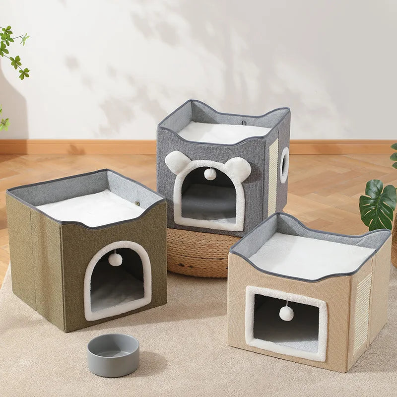 Semi-Enclosed Foldable Double-Door Triple-Layer Cat House with Multi-Functional Double-Sided Scratching Board for Cats