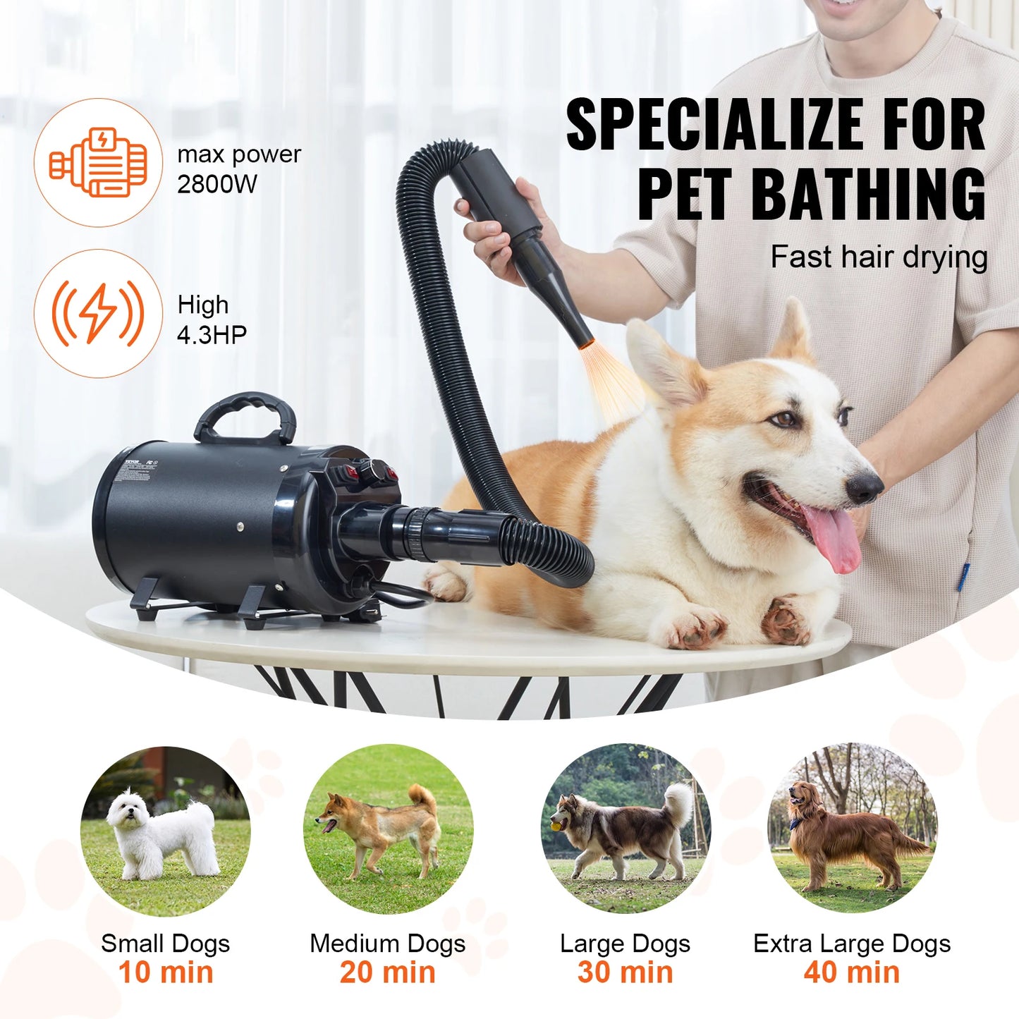 2000W/2.7HP Dog Blow Dryer Adjustable Speed Temperature Control with 4 Nozzle and Extendable Hose for Pet Hair Grooming
