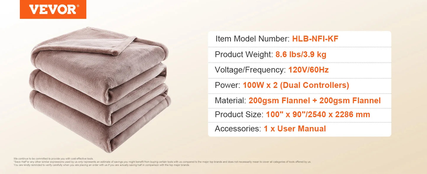 VEVOR Heated Blanket Electric Throw 100" x 90" King Size Soft Flannel Heating Blanket with 10H Timer Auto-off & 5 Heating Levels