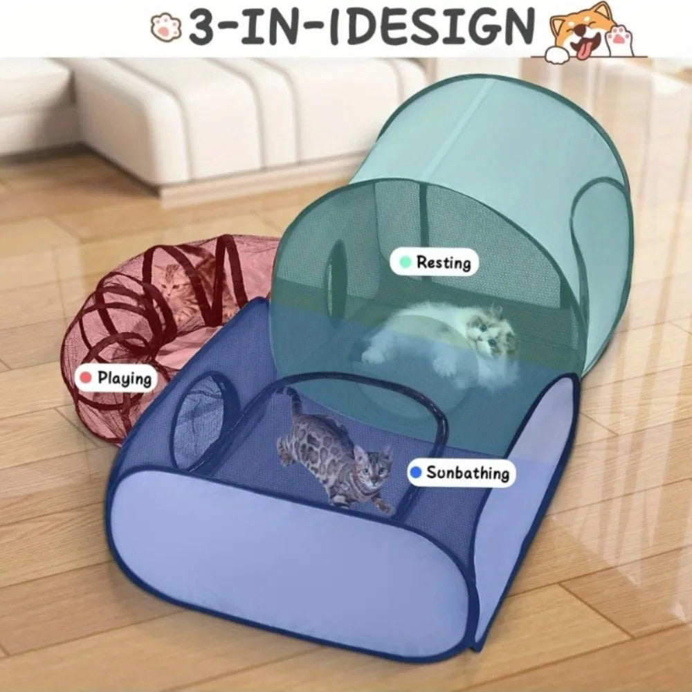 Foldable Cat Tent with Tunnel, Breathable Polyester Cat Cage Indoor Outdoor Playpen for Cats & Small Dogs