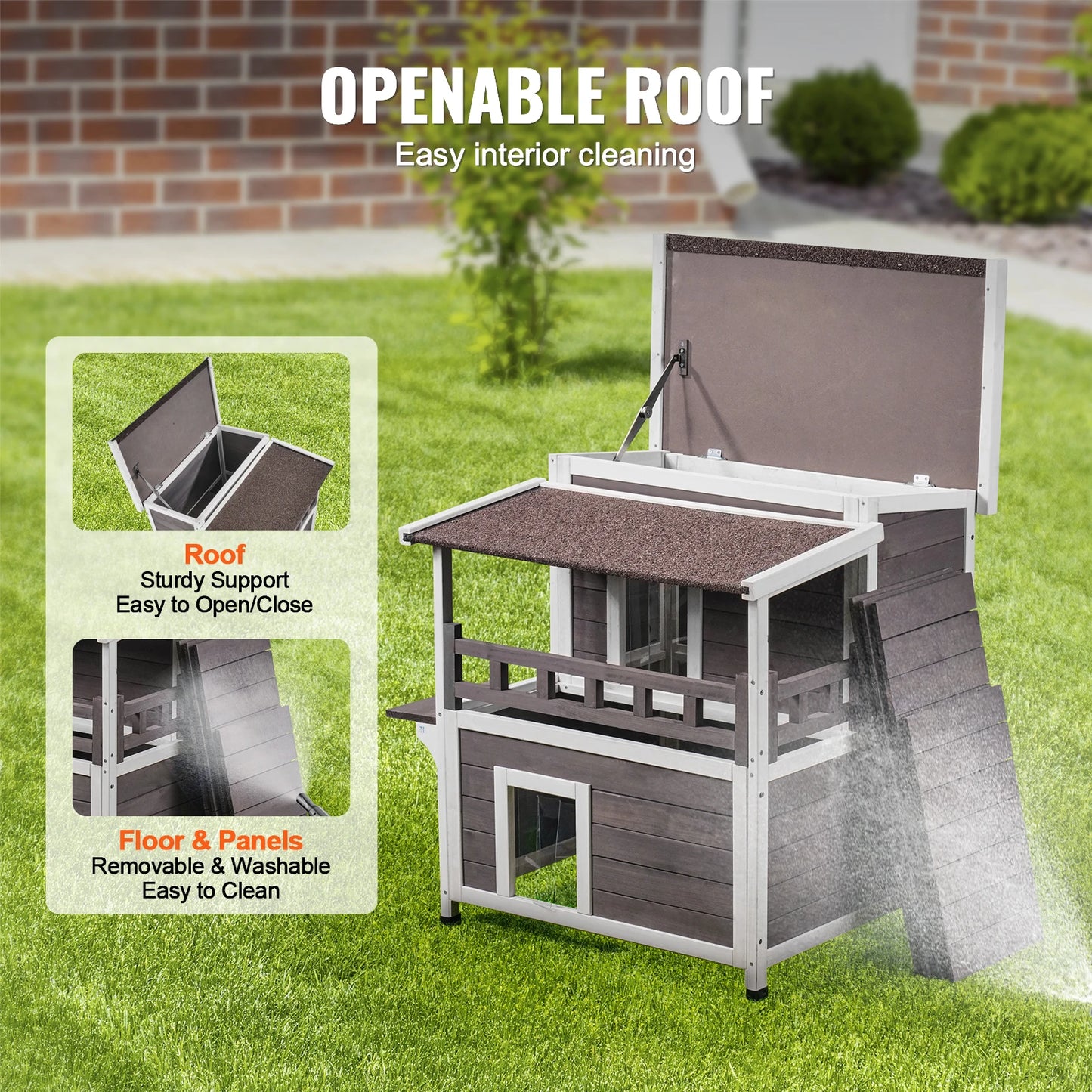 SucceBuy Outdoor Cat House Weatherproof  2-story Large Outdoor Wooden Cat House with Balcony Door and Open Roof Feral Cat Shelter