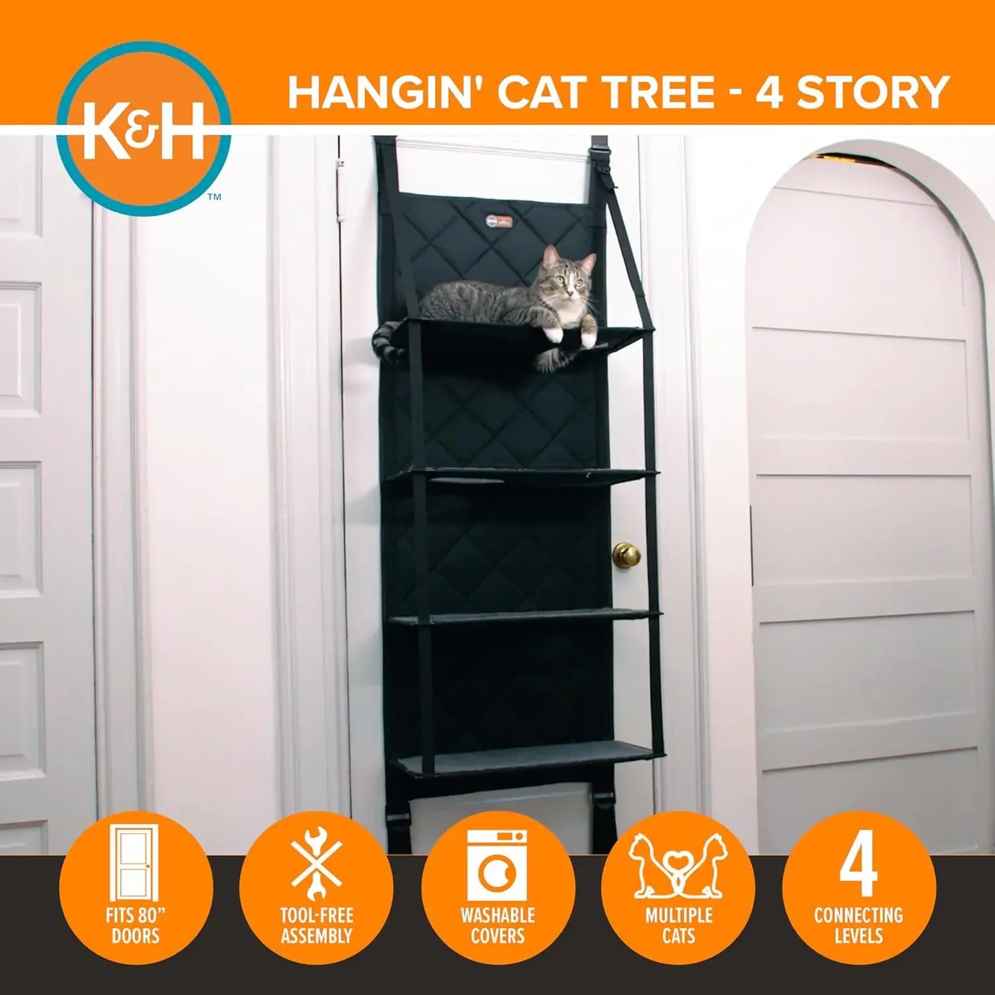 Space-Saving Door-Mounted Cat Tree with Multi-Level Hammock Beds, Tool-Free Assembly, Fits Doors Up to 80in