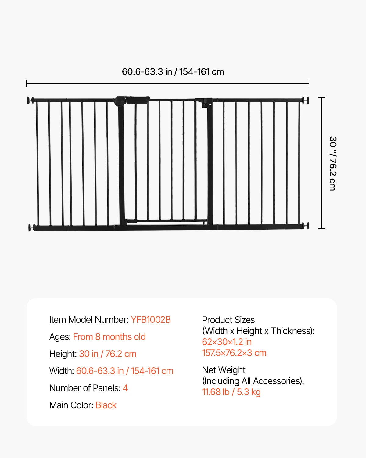 28/30/36 Inches High Dog Gate Easy Step Walk Thru Pet Security Pressure Mount Kit Wall Cups Doorways
