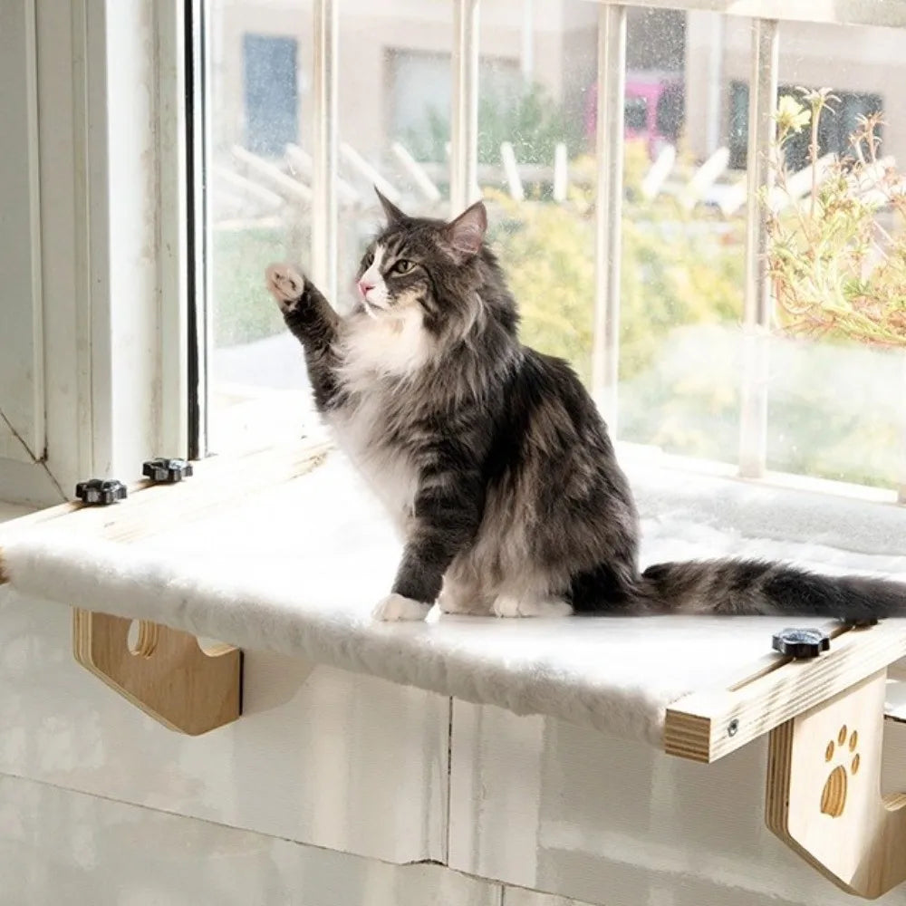 Creative Wooden Frame Cat Window Hammock Paw Print Design Durable Hanging Cat Bed Detachable Cozy Cat Bed Seat Bedside Use