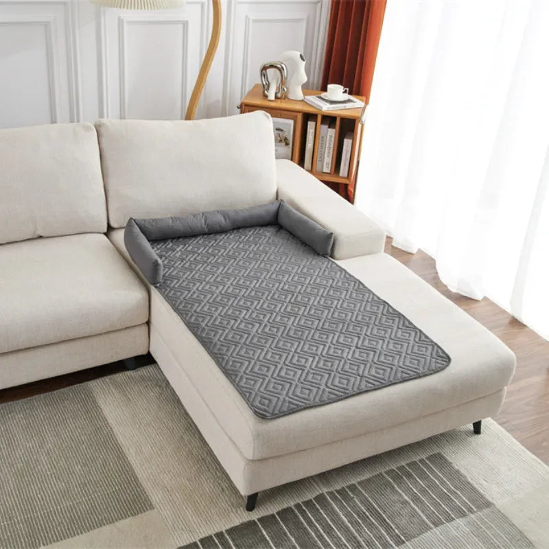 Dog Sofa Bed Pad with Neck Pillow Waterproof and Moisture-proof Plaid Pet Blanket Mat Indoor Cat Calming Nest Supplies