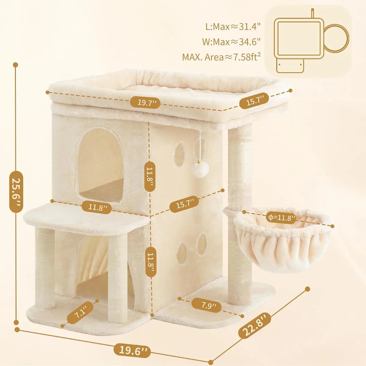 25.6 inch tall cat tower with large perch dual condos sisal posts cozy basket and dangling toy for big cats