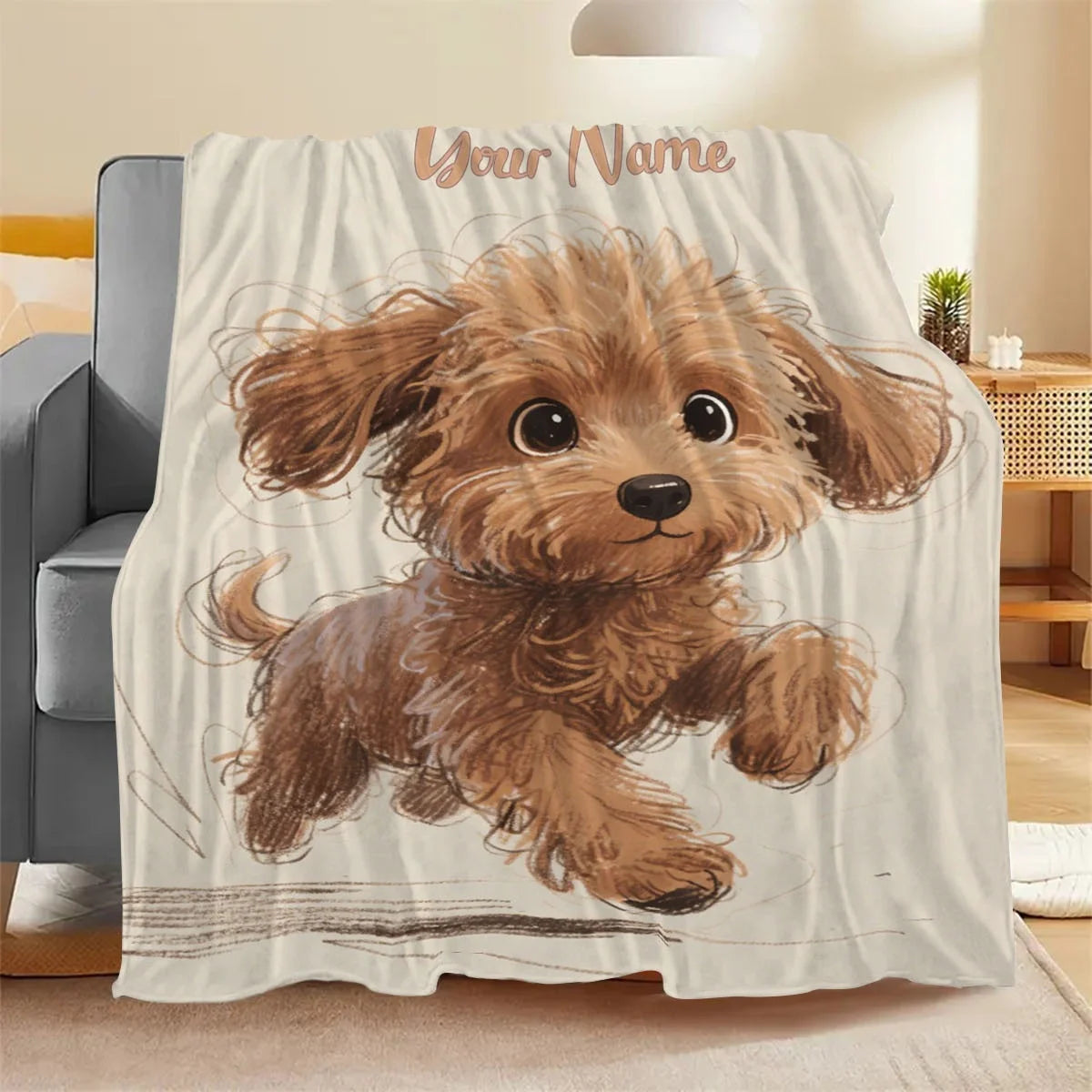 Custom Name with Playful Puppy Pattern Blanket, Adorable Brown Curly Haired Dog Design, Perfect Birthday Gift for Dog Lovers