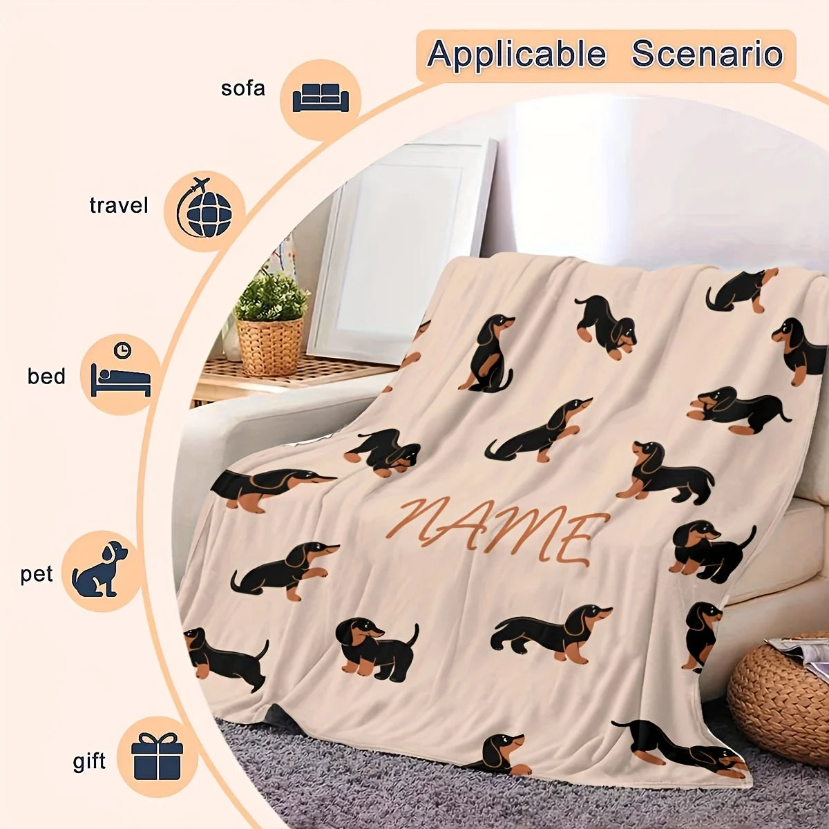 1pc Custom Name Blanket, Custom Name Dachshund Flannel Blanket Soft, Warm and Comfortable, Suitable for Sofa Beds