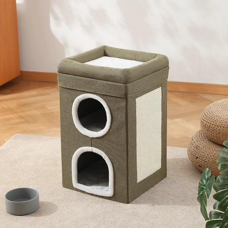 Semi-Enclosed Foldable Double-Door Triple-Layer Cat House with Multi-Functional Double-Sided Scratching Board for Cats