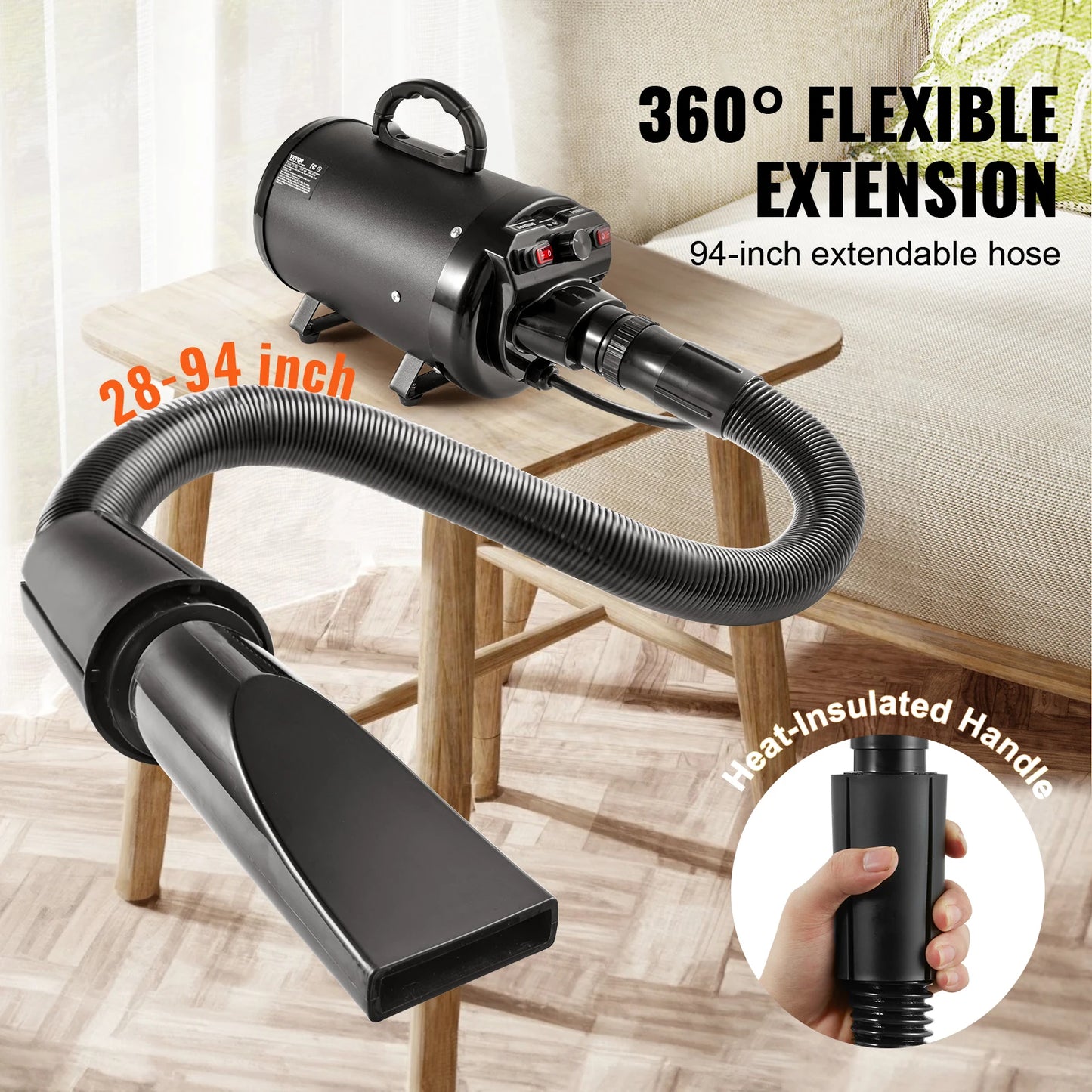 2000W/2.7HP Dog Blow Dryer Adjustable Speed Temperature Control with 4 Nozzle and Extendable Hose for Pet Hair Grooming