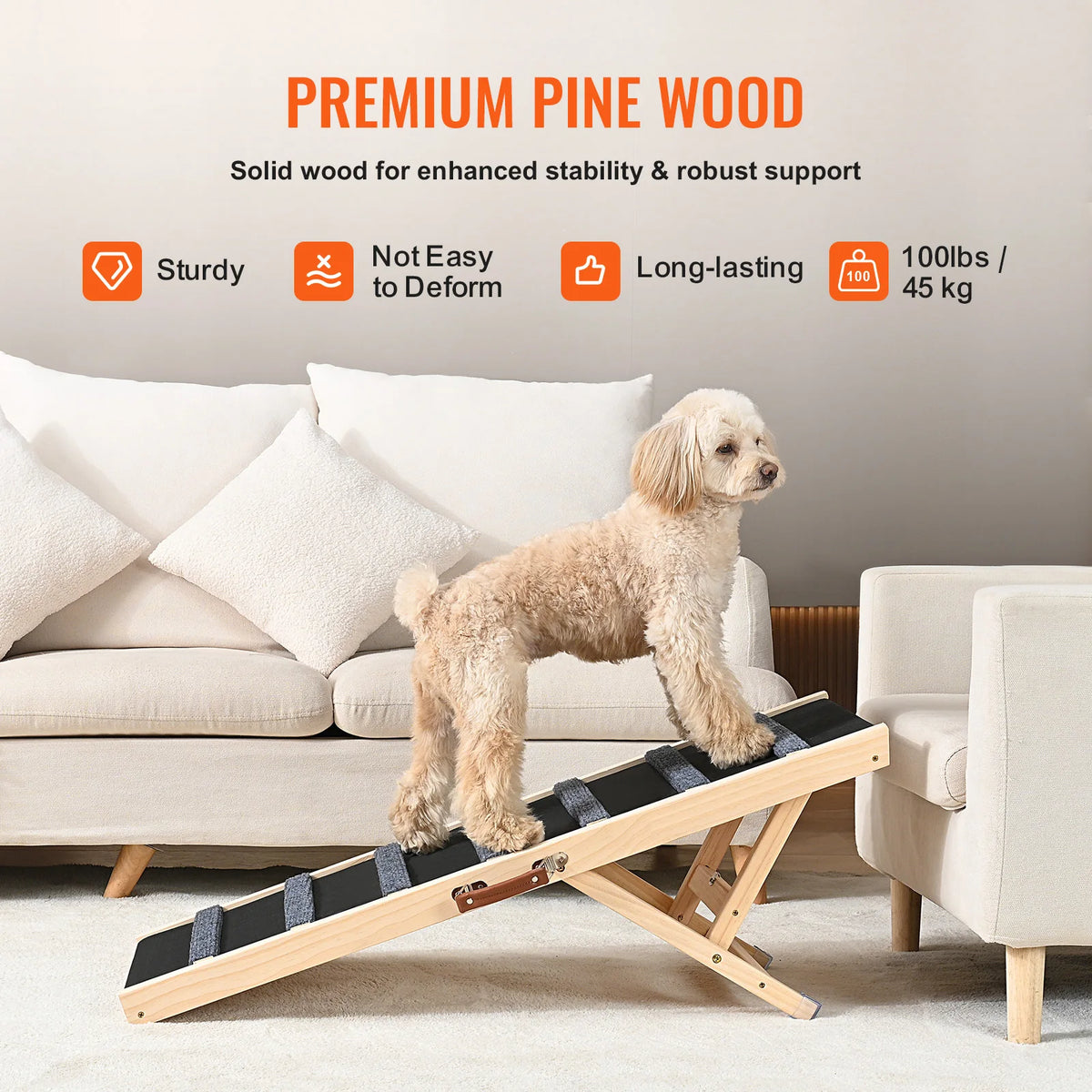 Dog Ramp Folding Ladder Anti-slip High Adjustable Wooden Pet Ramp Removable for Small Old Dog Climb Stairs Sofa Car Bed