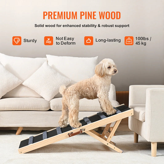 Dog Ramp Folding Ladder Anti-slip High Adjustable Wooden Pet Ramp Removable for Small Old Dog Climb Stairs Sofa Car Bed