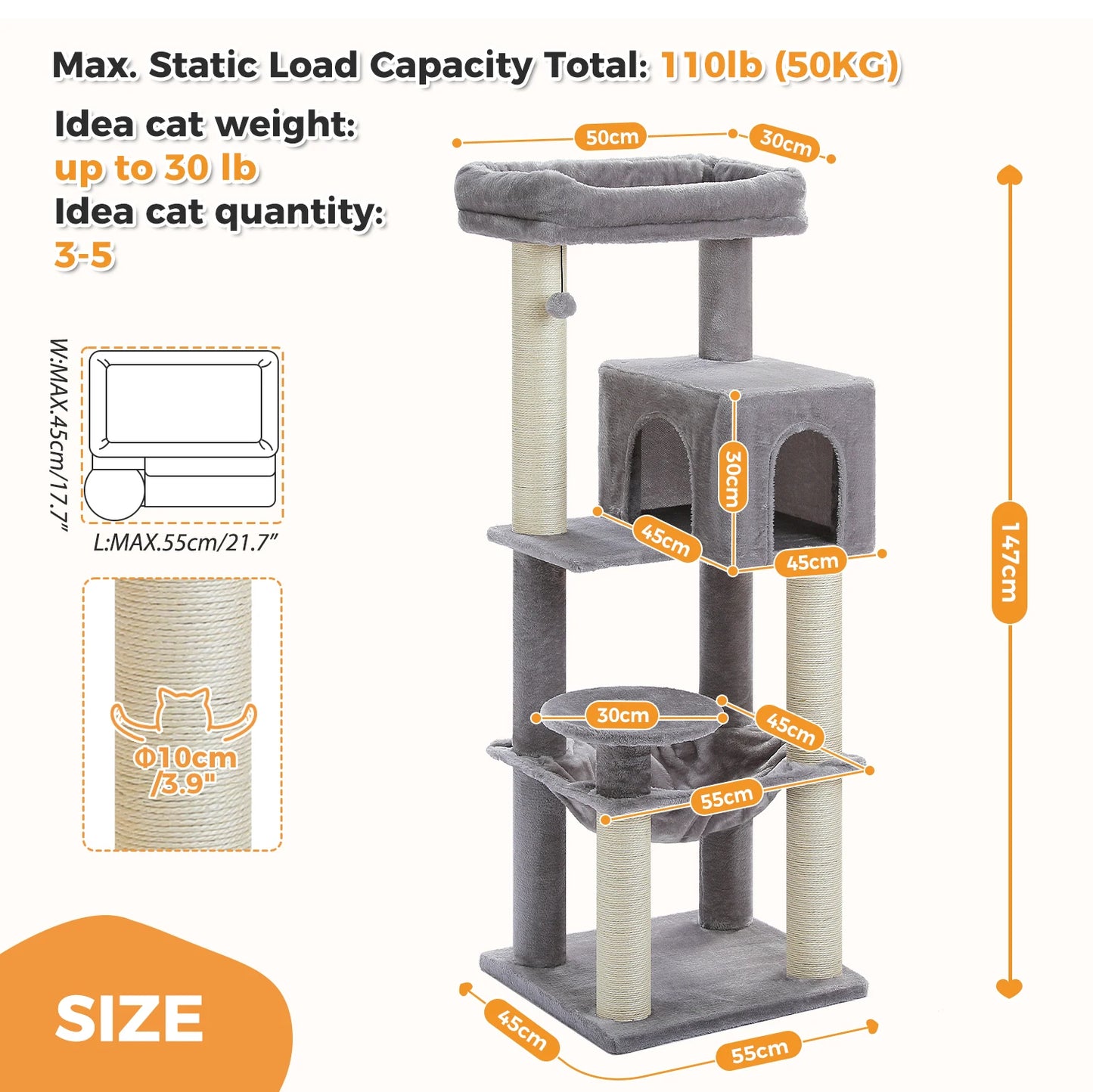Large Cat Tree with Thick Scratching Posts Large Condo Hammock Heavy Duty Cat Tower for Big Adult Cats Plush Cat Furniture Toys