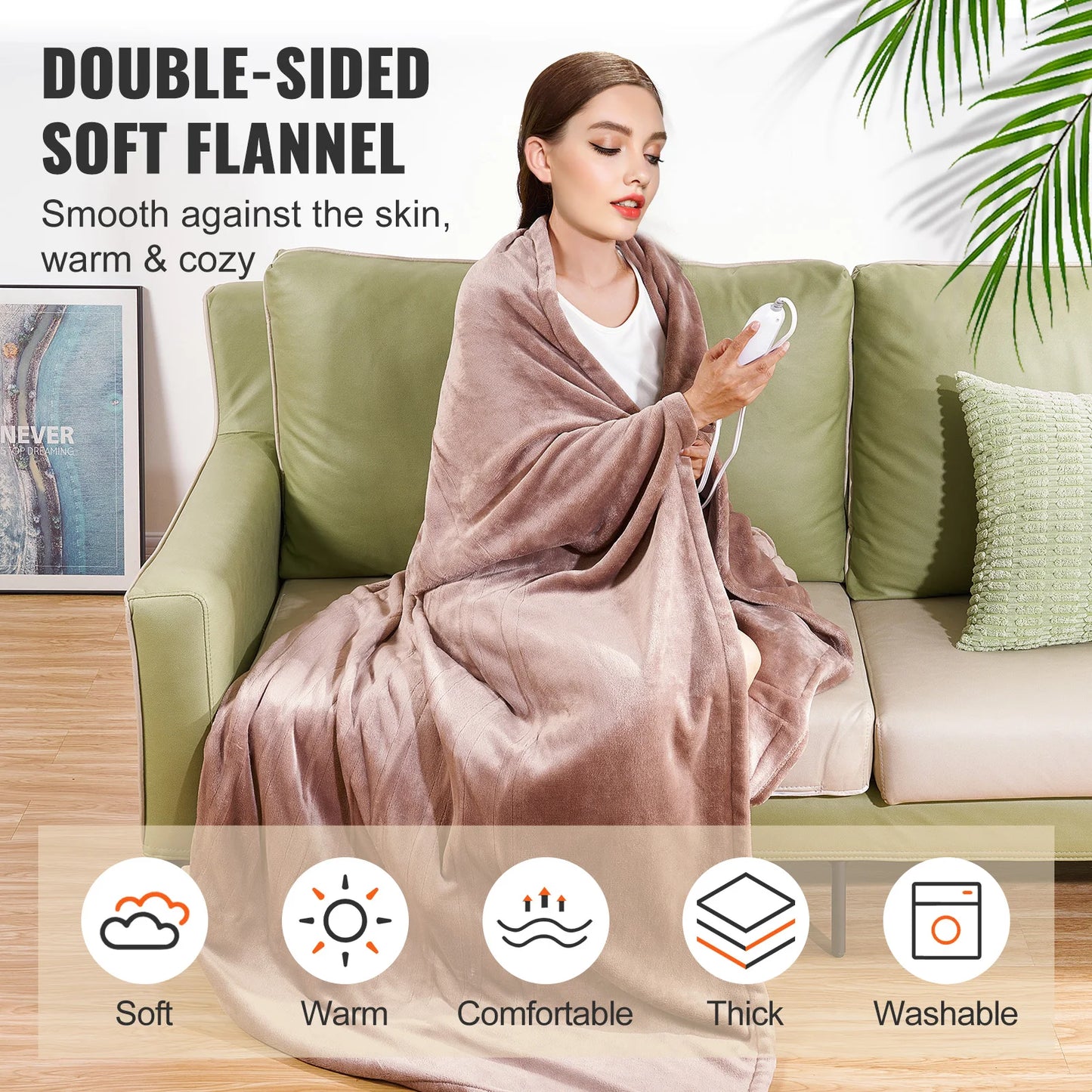 VEVOR Heated Blanket Electric Throw 100" x 90" King Size Soft Flannel Heating Blanket with 10H Timer Auto-off & 5 Heating Levels
