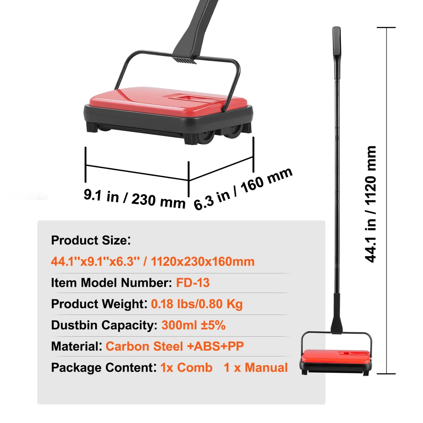 Carpet Sweeper Manual Floor Sweeper w/ 300ml Dustbin Capacity 6.7 in Cleaning Width for Home Office Carpets Pet Hair Dust