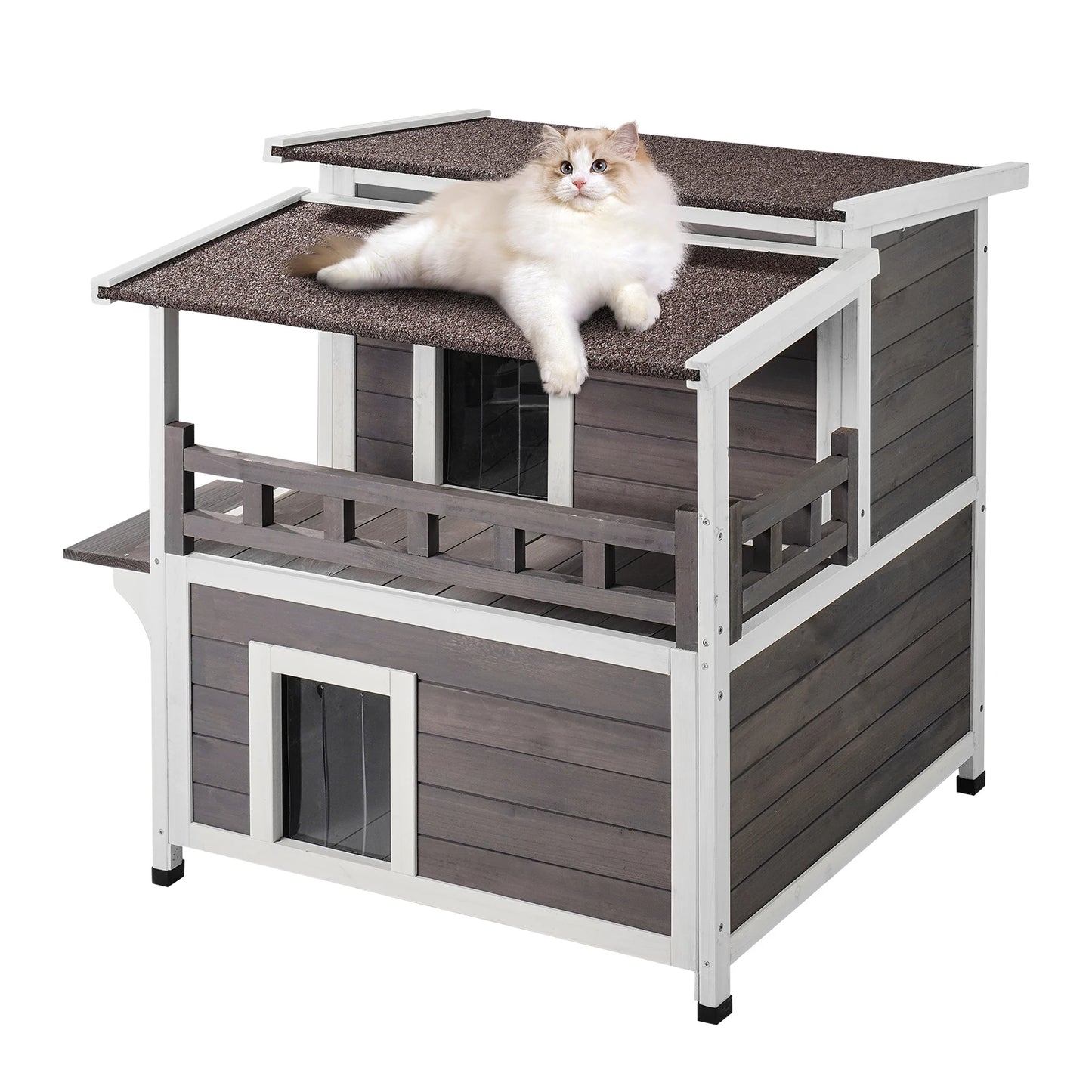 SucceBuy Outdoor Cat House Weatherproof  2-story Large Outdoor Wooden Cat House with Balcony Door and Open Roof Feral Cat Shelter