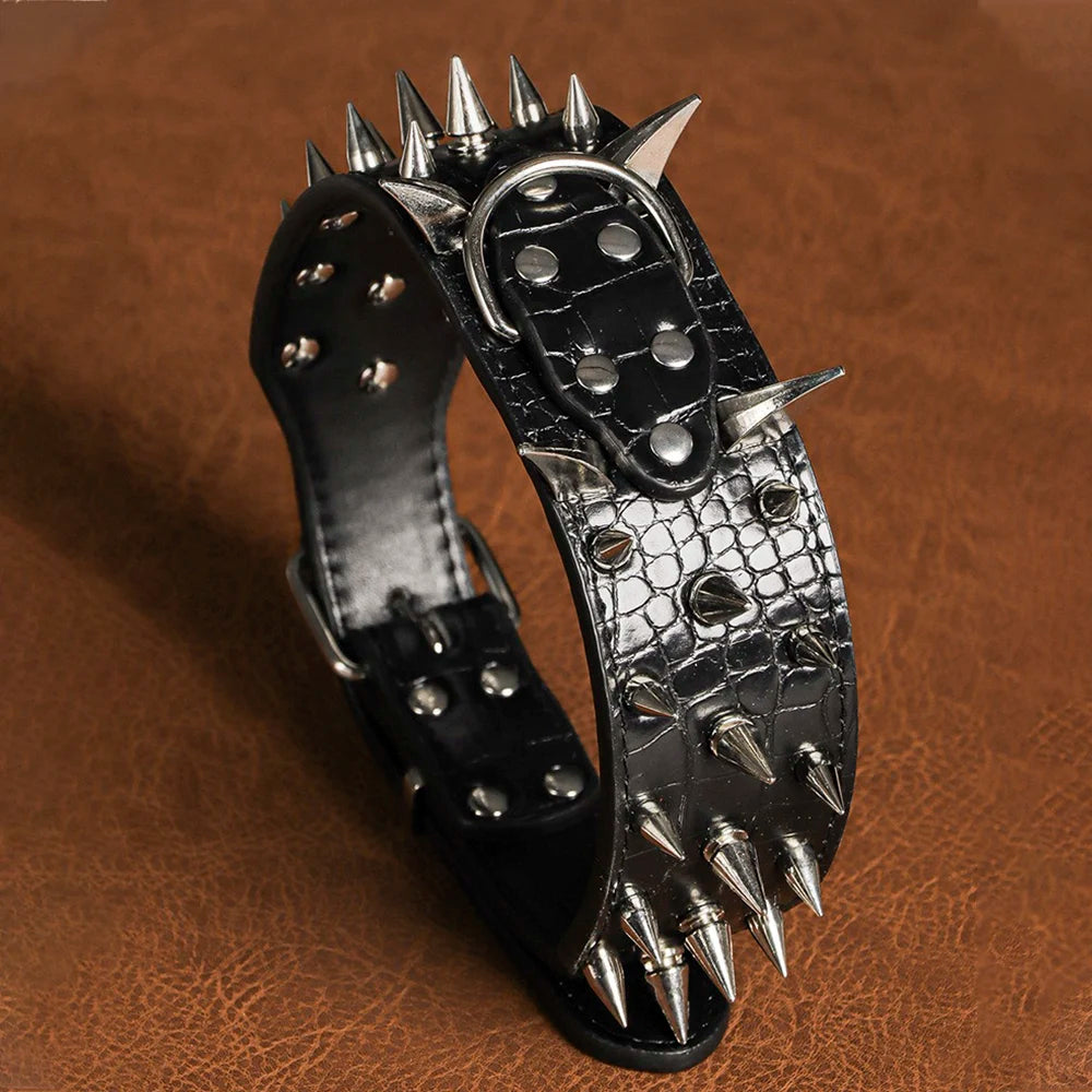 Width 2 Inch Anti-bite Spiked Dog Collars Adjustable PU Leather Necklace Heavy Duty Sharp Rivets Pet Collar Outdoor Dog Walking
