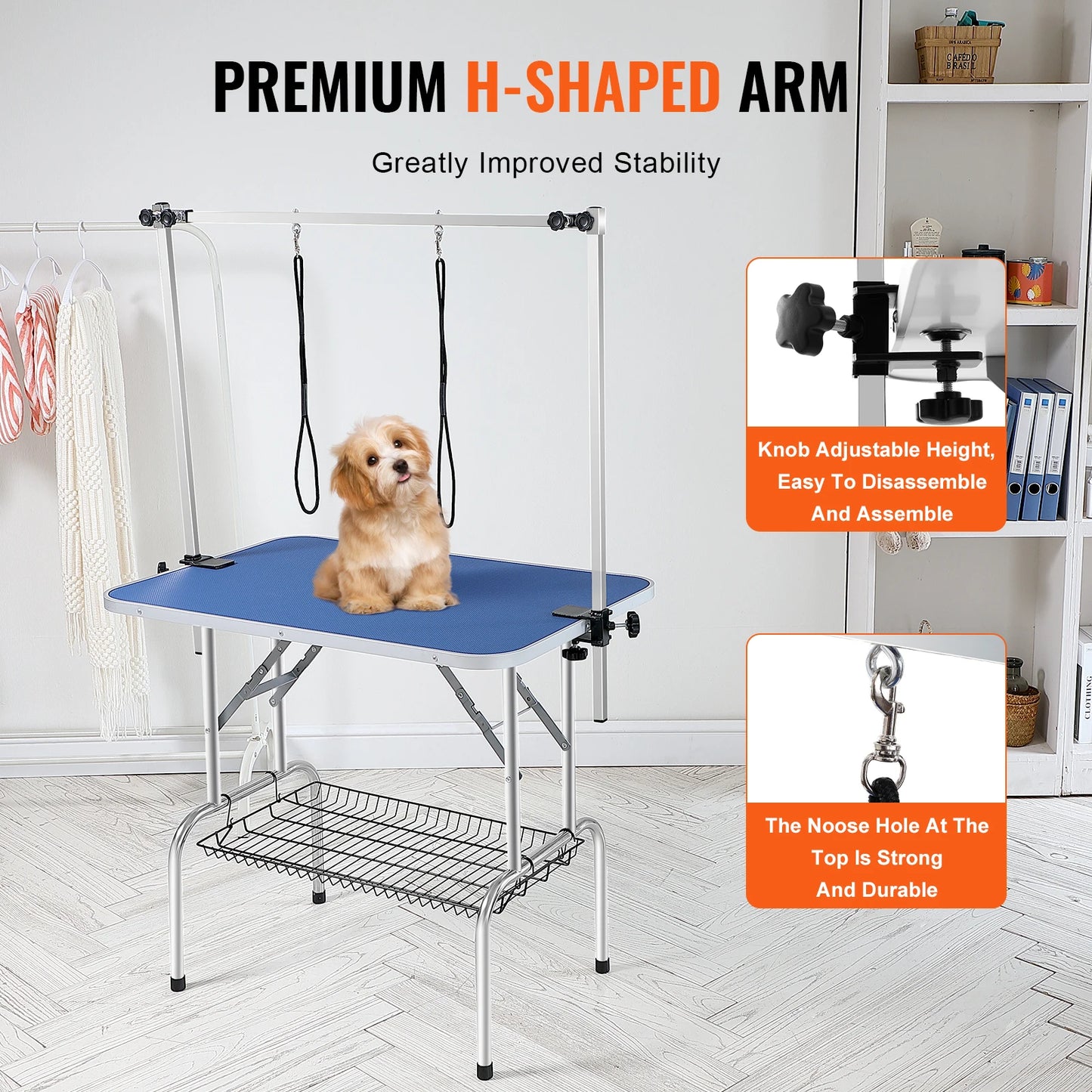 Pet Grooming Table Two Arms w/ Clamp Dog Grooming Station Foldable Pets Stand for Medium Small Dogs with Grooming Loop