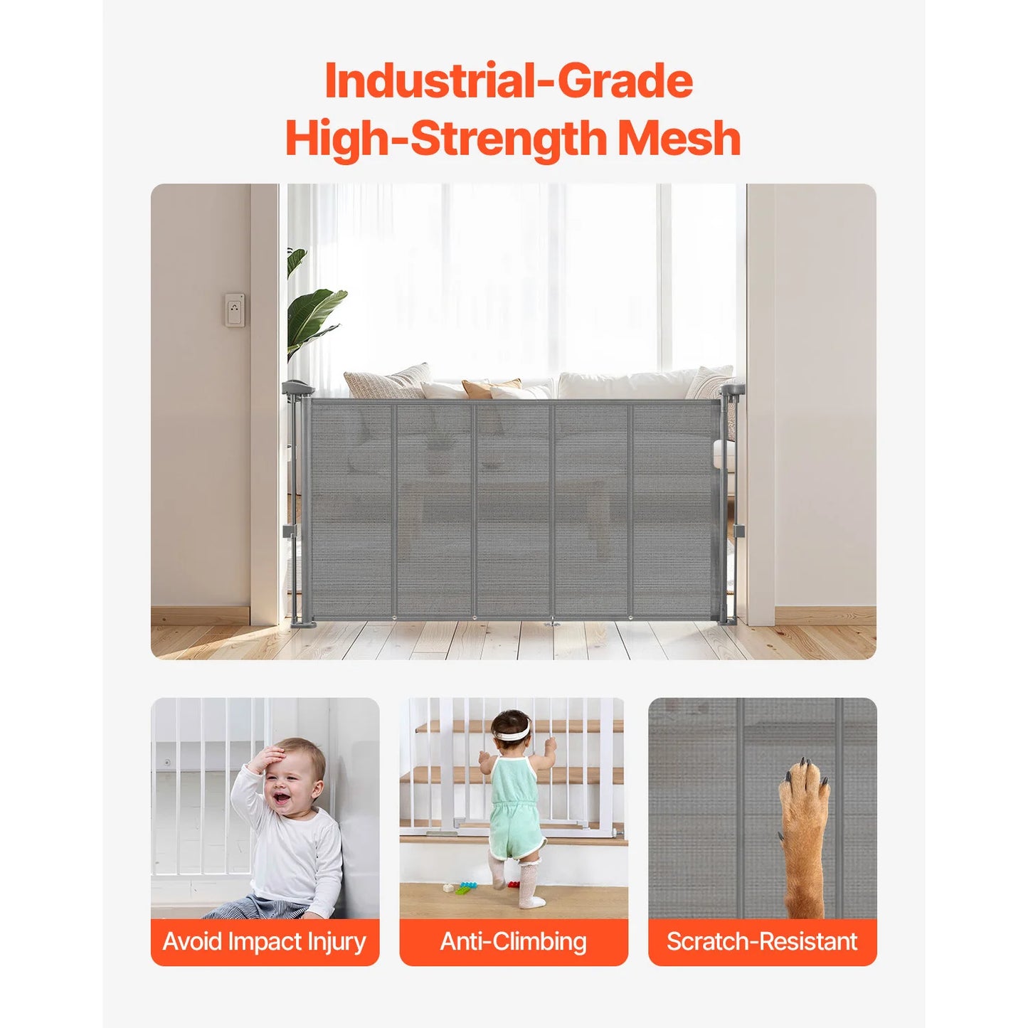 55/71/110in Retractable Baby Gate 34in Tall Extends Wide Retractable Gate for Kids Pets Mesh Material Easy to Install