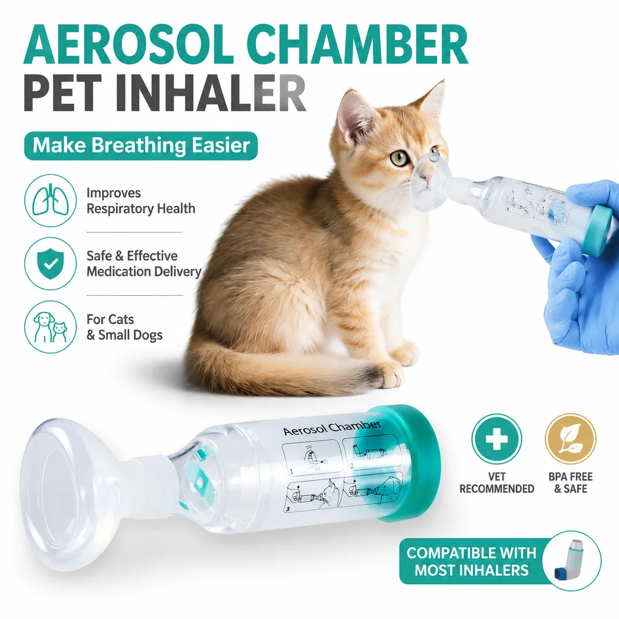 Pet Asthma Inhaler Spacer Aerosol Chamber for Dogs Cats with Breathing Indicator & Silicone Masks Vet Respiratory Care