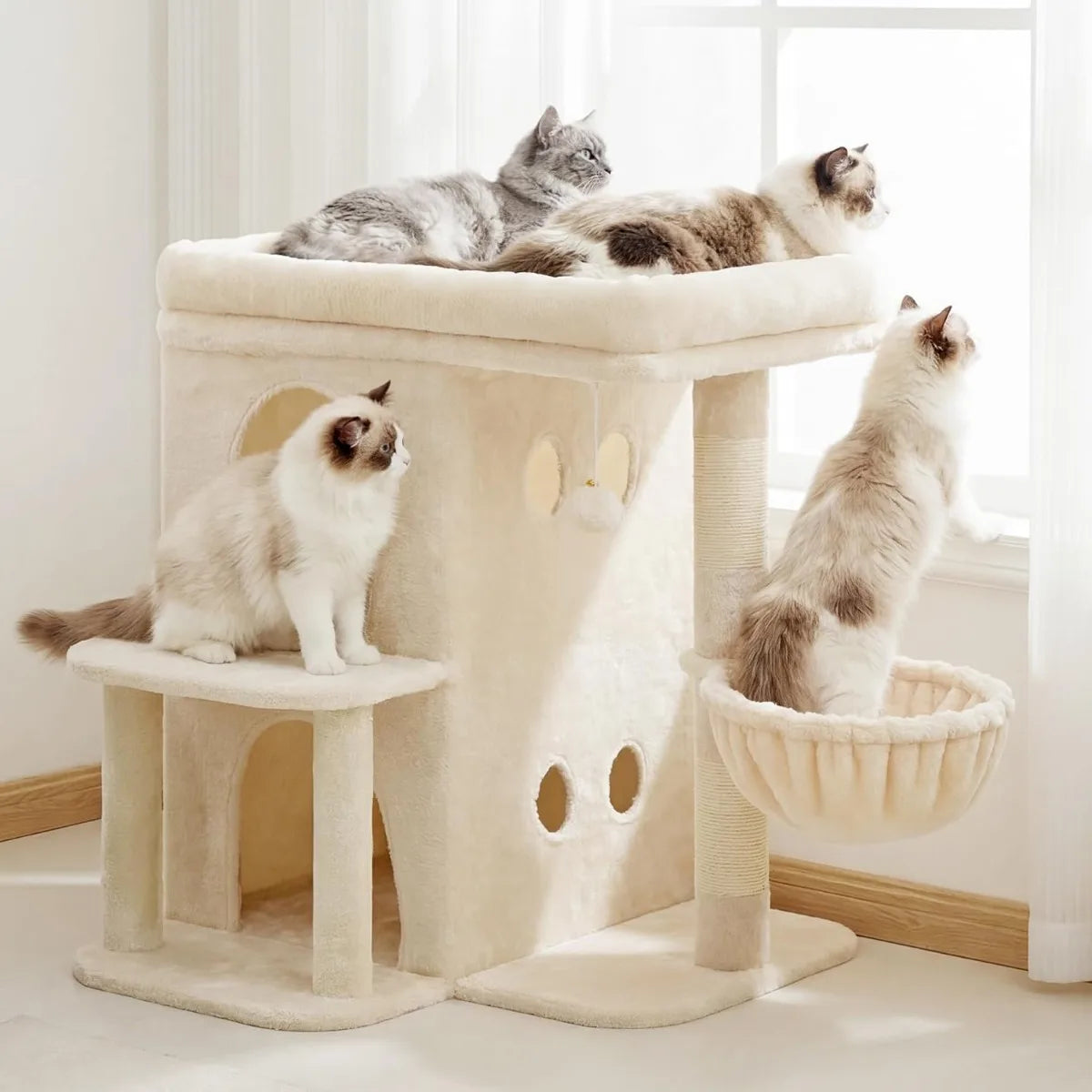 25.6 inch tall cat tower with large perch dual condos sisal posts cozy basket and dangling toy for big cats