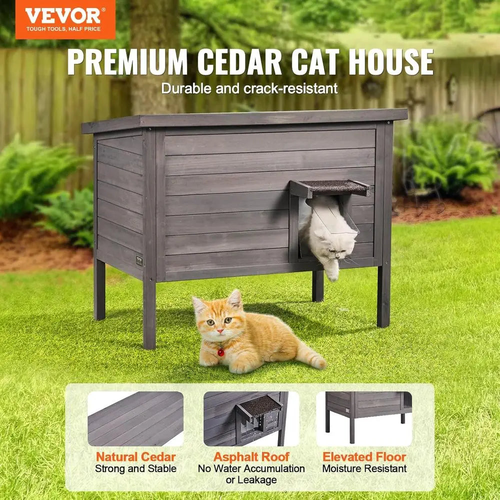 All-Weather Insulated Outdoor Wooden Cat House for Multiple Pets, Open Roof, PVC Door Flaps, 34L x 22W x 27H