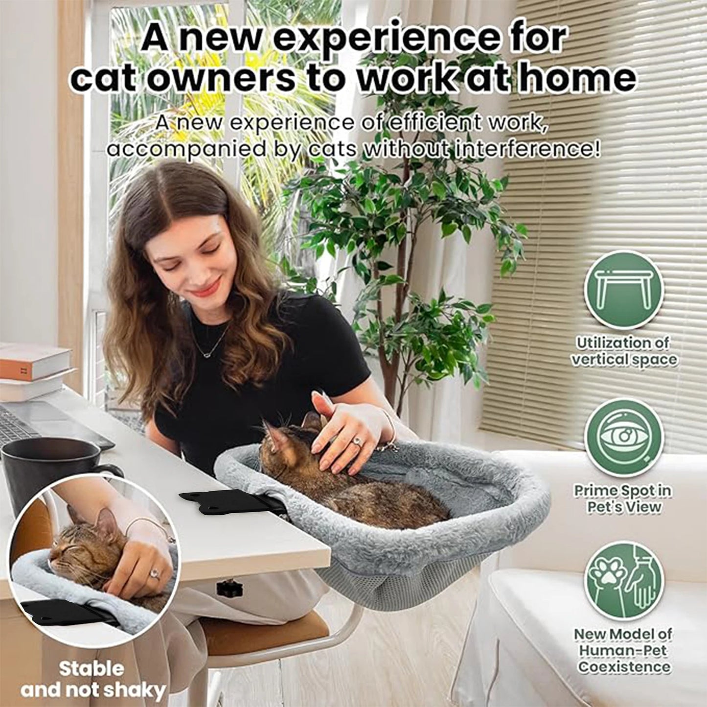 Cat Desk Bed One-Click Folding Sunken Design Space-Saving Semi-Circular Cat Desk Hammock Perch For Home Office Indoor Cats