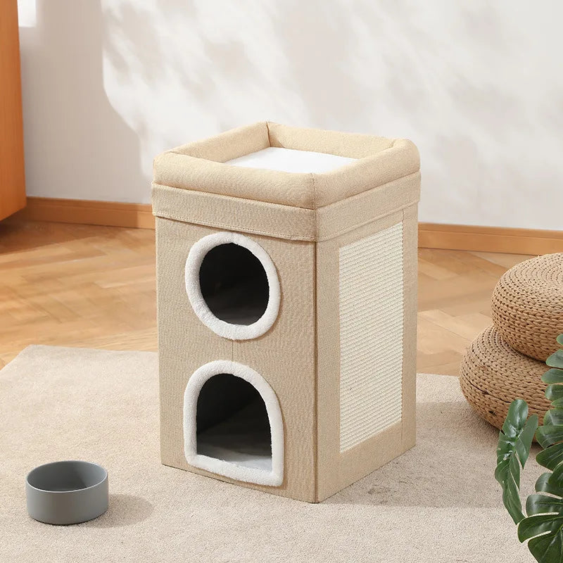 Semi-Enclosed Foldable Double-Door Triple-Layer Cat House with Multi-Functional Double-Sided Scratching Board for Cats