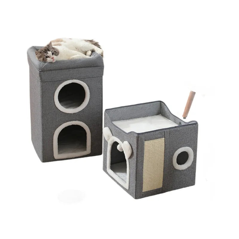 Semi-Enclosed Foldable Double-Door Triple-Layer Cat House with Multi-Functional Double-Sided Scratching Board for Cats