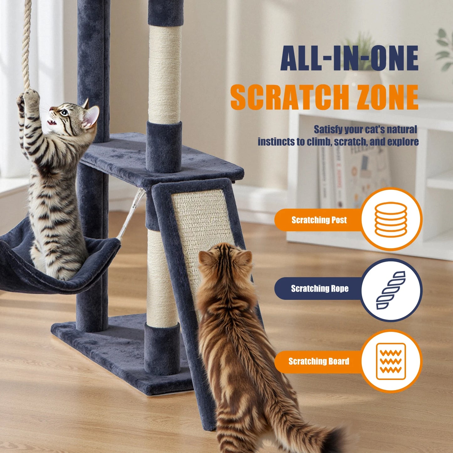 63In Cat Tree Tall Multi-Cat Climbing Tower for Pet Furniture Natural Sisal Scratching Posts Stable Pet House for Indoor Cat