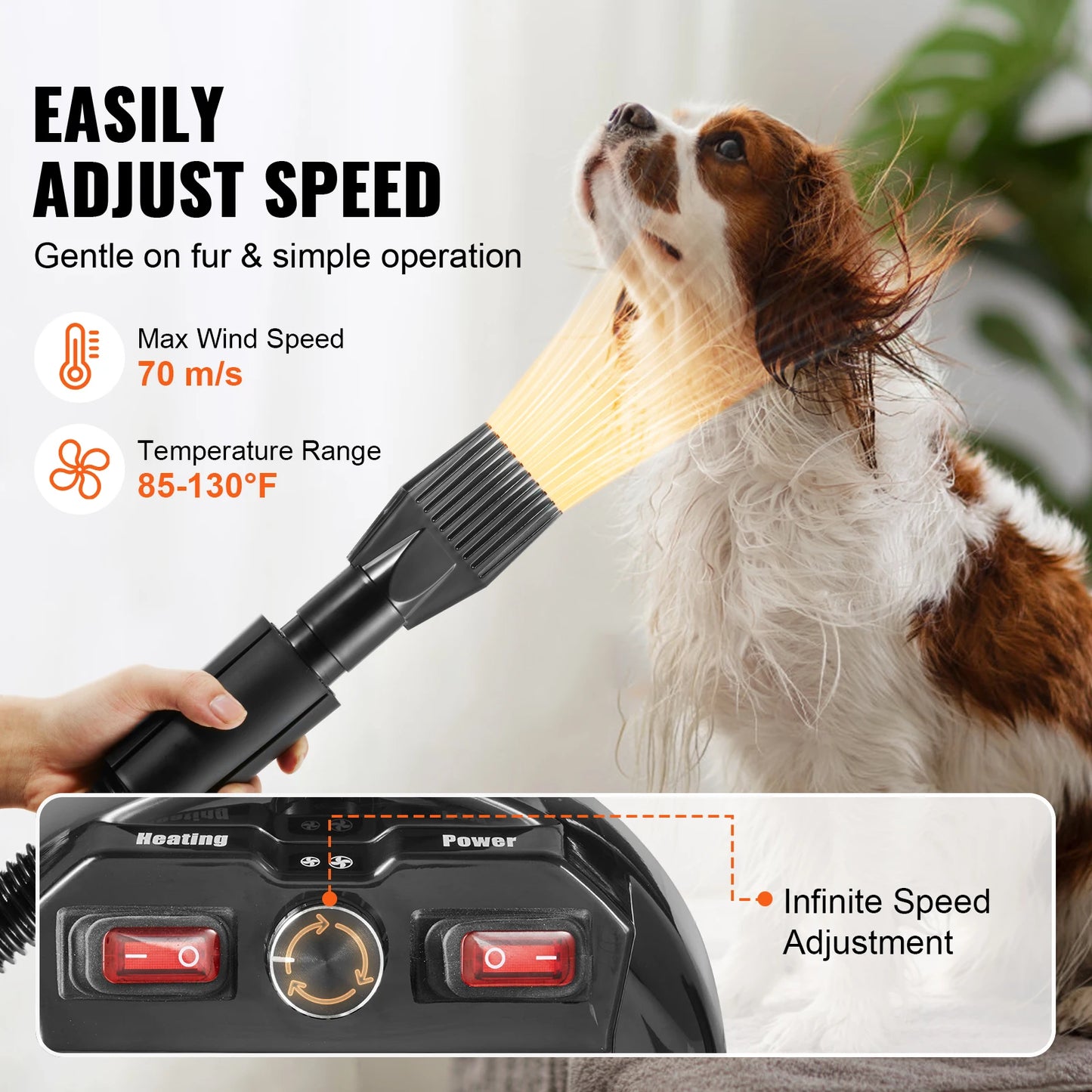 2000W/2.7HP Dog Blow Dryer Adjustable Speed Temperature Control with 4 Nozzle and Extendable Hose for Pet Hair Grooming
