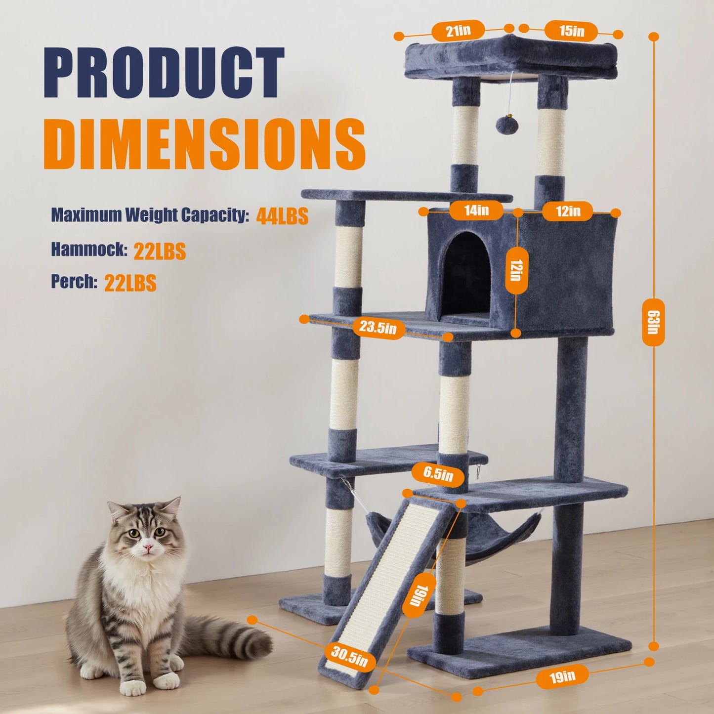 63In Cat Tree Tall Multi-Cat Climbing Tower for Pet Furniture Natural Sisal Scratching Posts Stable Pet House for Indoor Cat