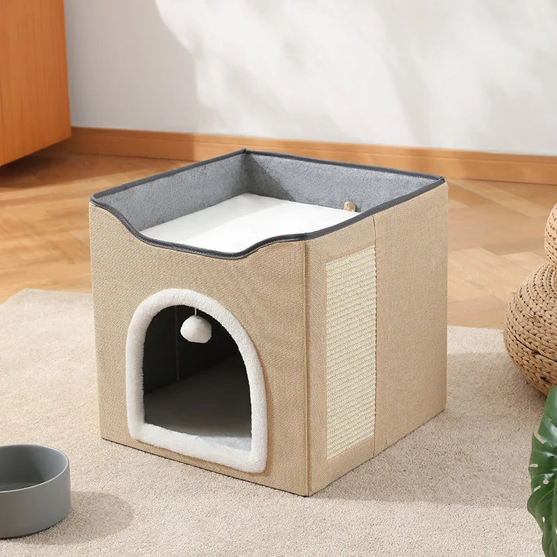 Semi-Enclosed Foldable Double-Door Triple-Layer Cat House with Multi-Functional Double-Sided Scratching Board for Cats