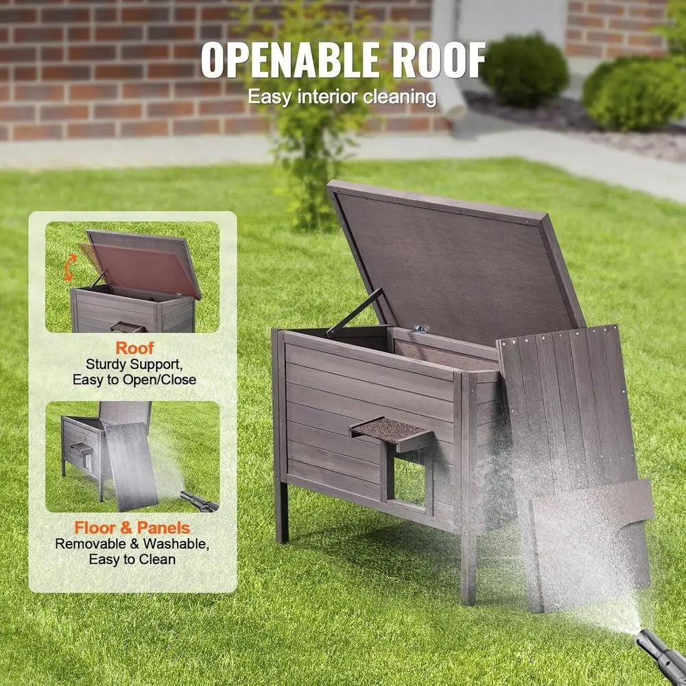 All-Weather Insulated Outdoor Wooden Cat House for Multiple Pets, Open Roof, PVC Door Flaps, 34L x 22W x 27H