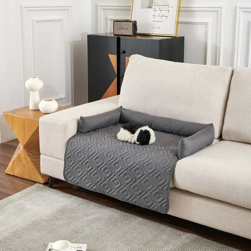 Dog Sofa Bed Pad with Neck Pillow Waterproof and Moisture-proof Plaid Pet Blanket Mat Indoor Cat Calming Nest Supplies