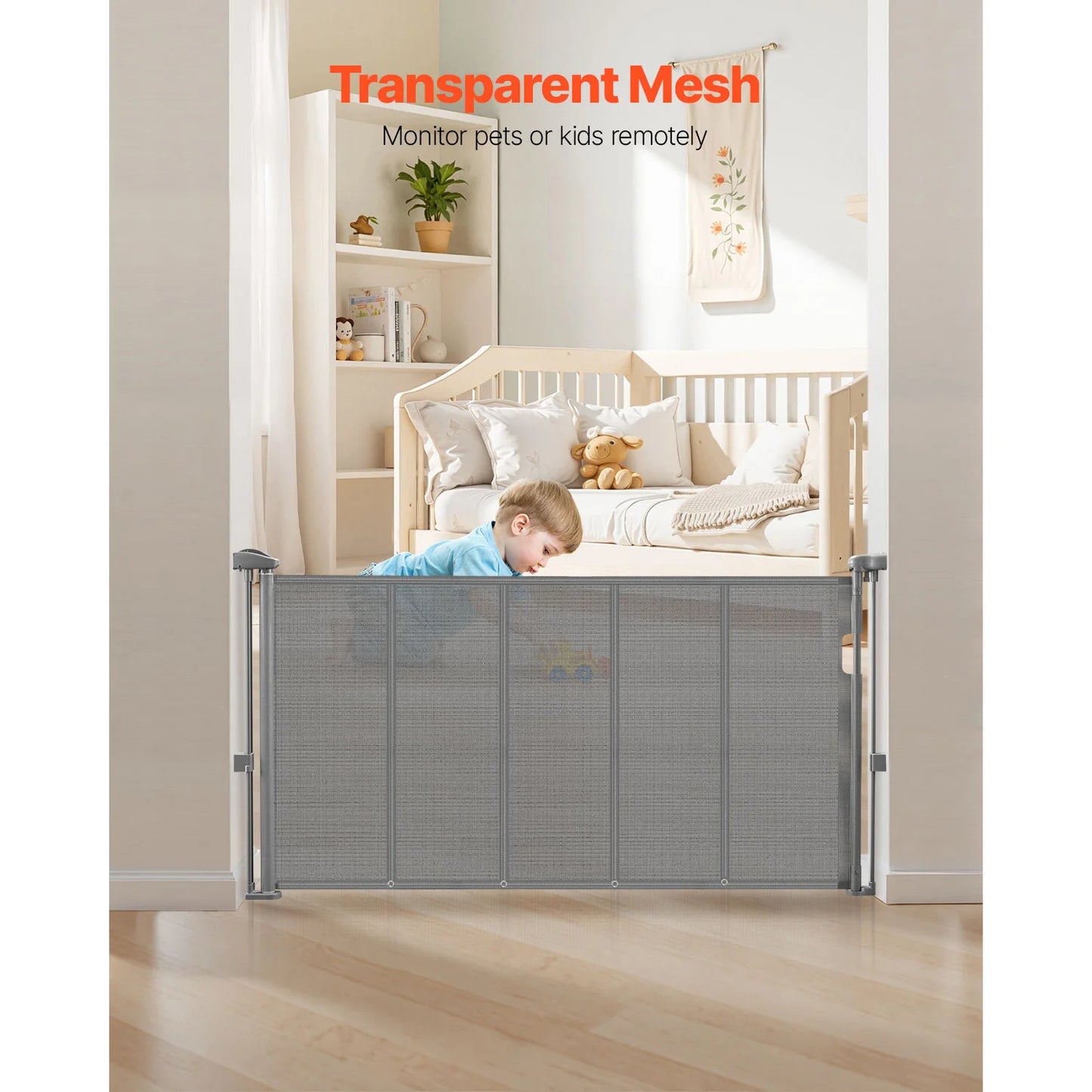 55/71/110in Retractable Baby Gate 34in Tall Extends Wide Retractable Gate for Kids Pets Mesh Material Easy to Install