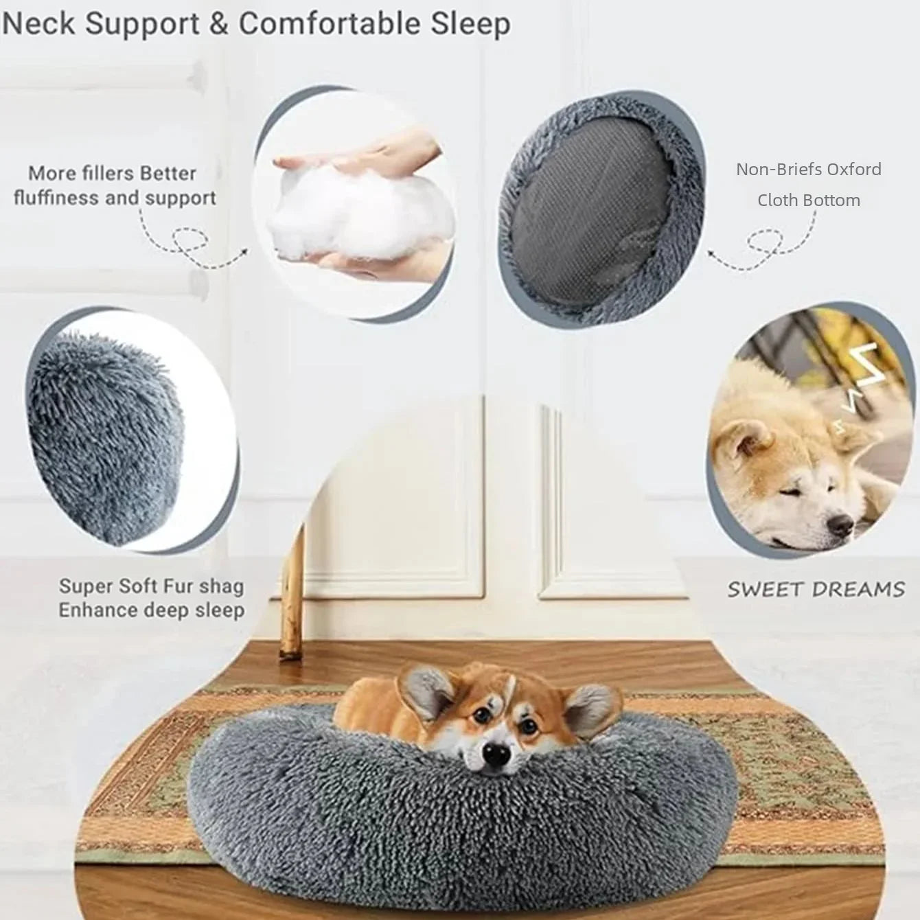 40-90cm  - 6 Sizes Round Pet Bed for Large Dog Bed Super Soft Cat Bed Plush Dog House for Medium Dog House Winter Warm Sleeping