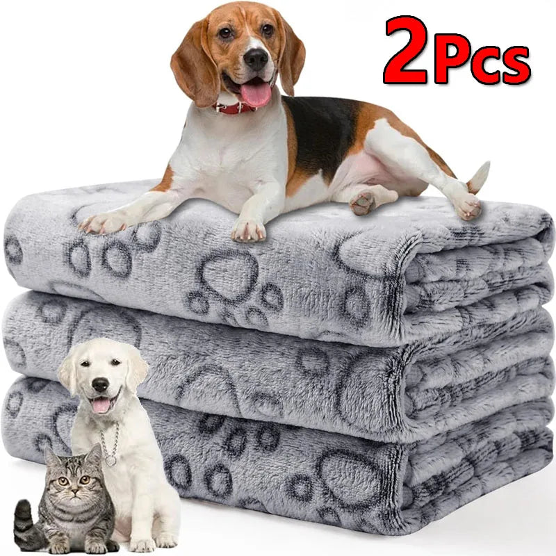 2PCS Soft Fluffy High Quality Dog Blanket Flannel Dog Sleeping Blanket Paw Print Pattern Pet Mat Warm Comfortable Cat Blanket